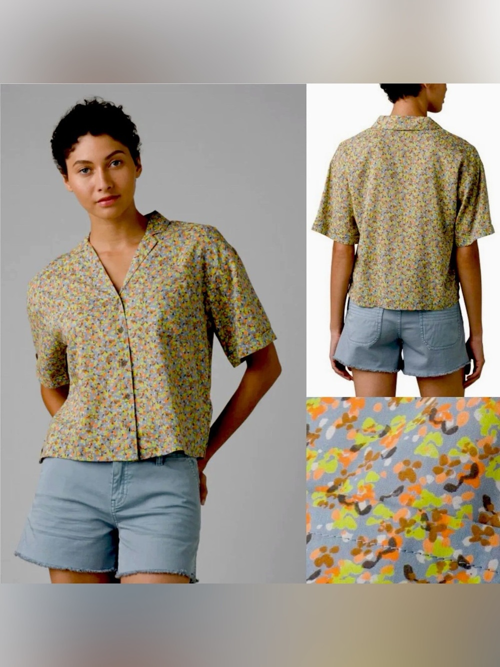 prAna iguala cropped button down top shirt floral petals size medium